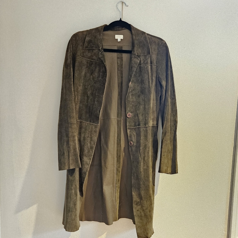 Vintage Illia Olive Green Real Suede Long Jacket Coat Small S